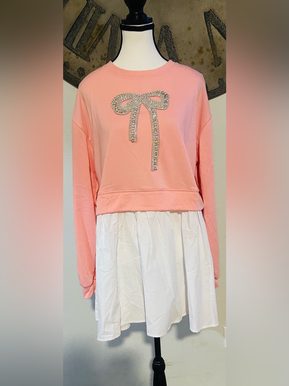 Simply Southern Pink Sweatshirt Dress with White Skirt and Rhinestone Bow Accent
